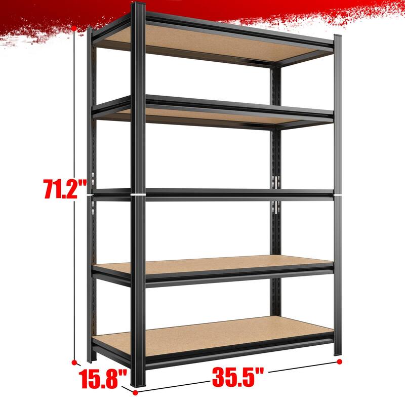 5-Tier Black Metal Storage Shelf with Adjustable Open Back Shelves for Home and Garage - 35.50”L x 15.80”W x 72”H