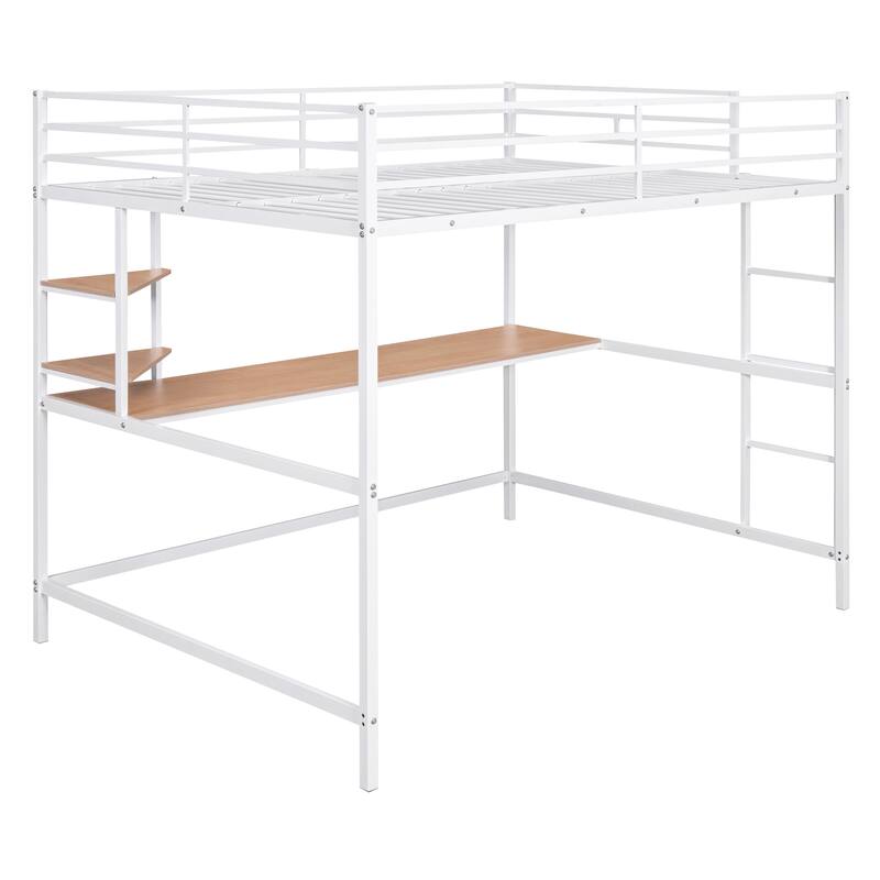 Full Size Metal Loft Bed with Desk and Shelves, White