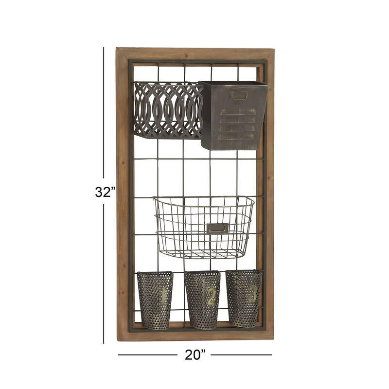 Brown Metal 1 Slot and 5 Baskets Magazine Rack Holder with Suspended Baskets and Label Slot