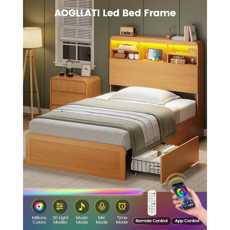 Bed Frame with 4 Storage Drawers and Hidden Storage Headboard Charging Station