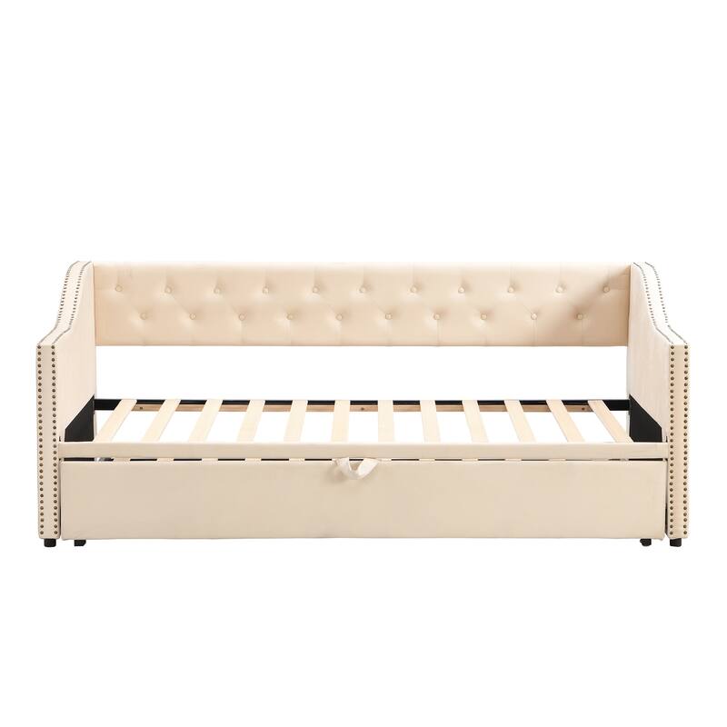 Beige Twin Upholstered Daybed with Pop-Up Trundle