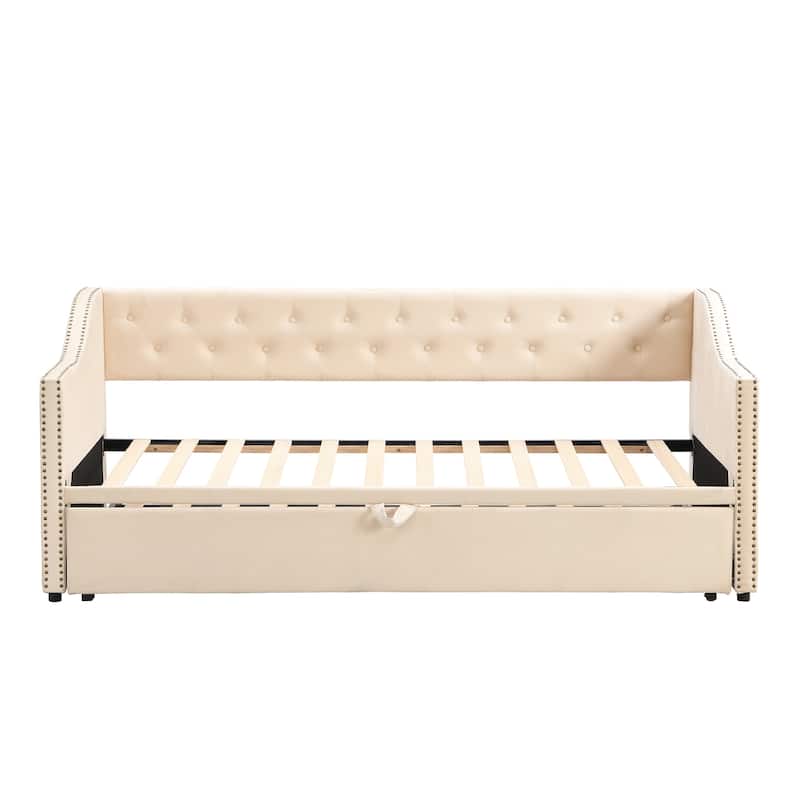 Twin to King Daybed with Pop Up Trundle, Button Tufted Backrest and Wooden Slat Support