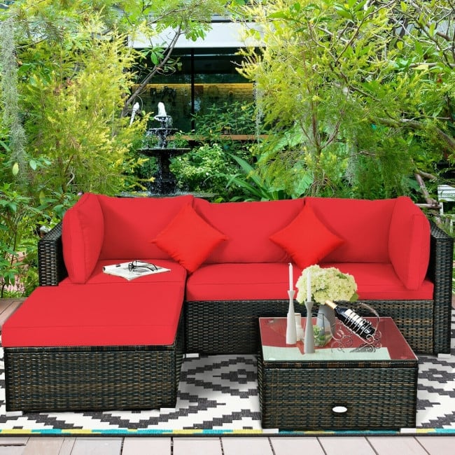 5 Pcs Outdoor Patio Rattan Furniture Set Sectional Conversation with Cushions - 29.5'' x 29.5'' x 25.5'' (L x W xH)