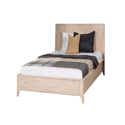 Wooden Twin-size Bed with Vertical Reeding Headboard in White Wash