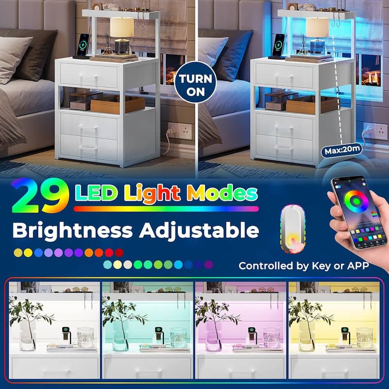 Nightstand Charging Station LED Lights End Table 3 Drawers
