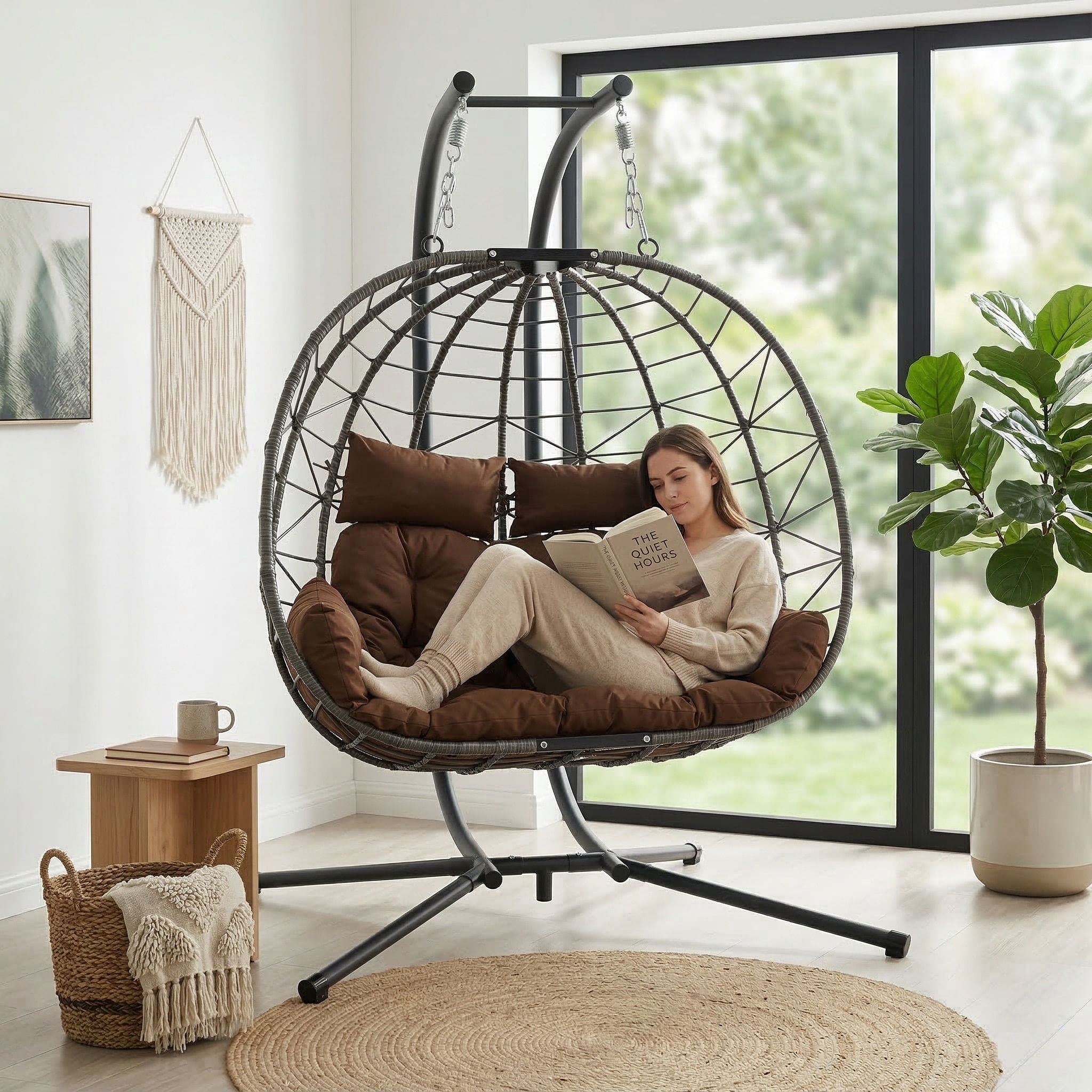 Double Hanging Egg Chair wth Stand,Patio Hammock Swing Chair with Cushion Loveseat for Bedroom,Balcony,Garden,Indoor,Outdoor