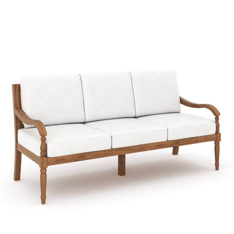 Pena Outdoor Sofa, White Linen Cushions, 76 Inch Brown Acacia Wood