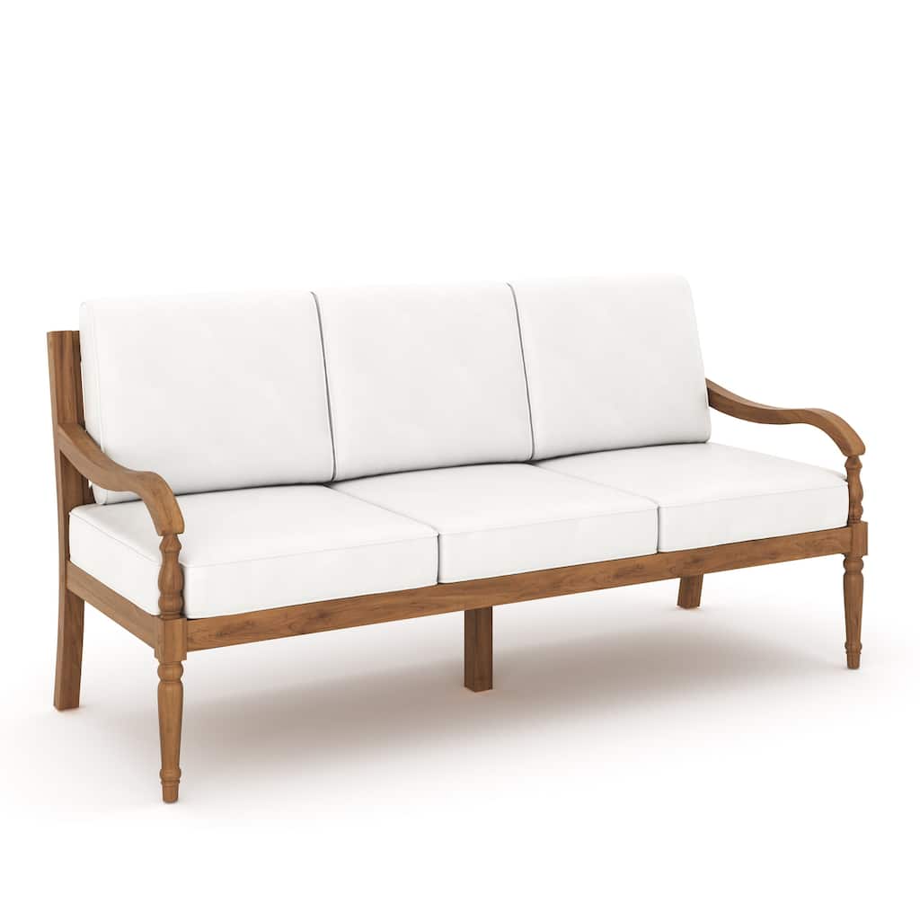 Pena Outdoor Sofa, White Linen Cushions, 76 Inch Brown Acacia Wood