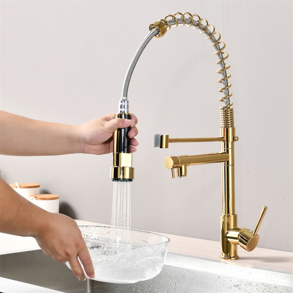 Commercial Pull Down Kitchen Sink Faucet Polished Gold Single Handle Kitchen Faucets With Sprayer Stainless Steel Laundry Taps