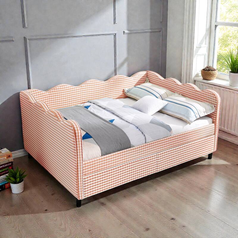 Full Size Gingham Upholstered Daybed with USB Port, Two Storage Drawers and Wave Shaped Design