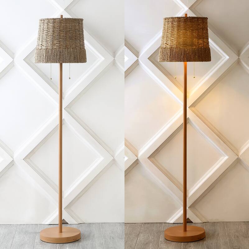 Nando 61" 2-Light Coastal Bohemian Iron/Rattan LED Floor Lamp with Pull-Chain, Brown Wood Finish by JONATHAN Y