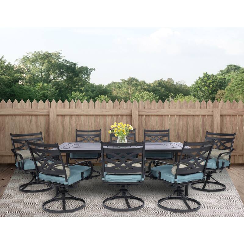Hanover Montclair 9-Piece Dining Set in Ocean Blue with 8 Swivel Rockers and a 42-In. x 84-In. Table