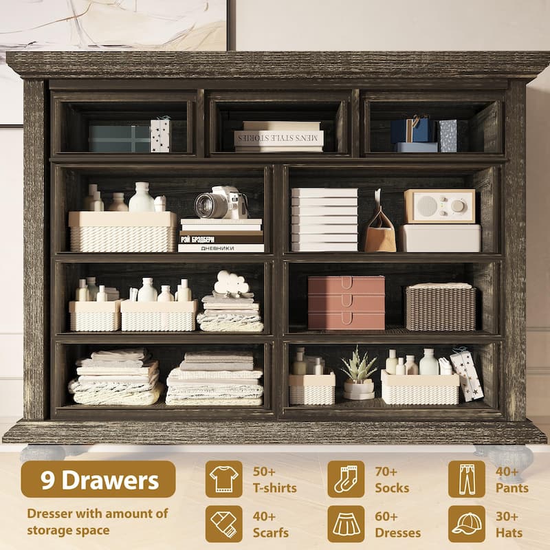 9 Drawer Dresser for Bedroom, Farmhouse Wooden Chest of Drawer, Storage Organizer