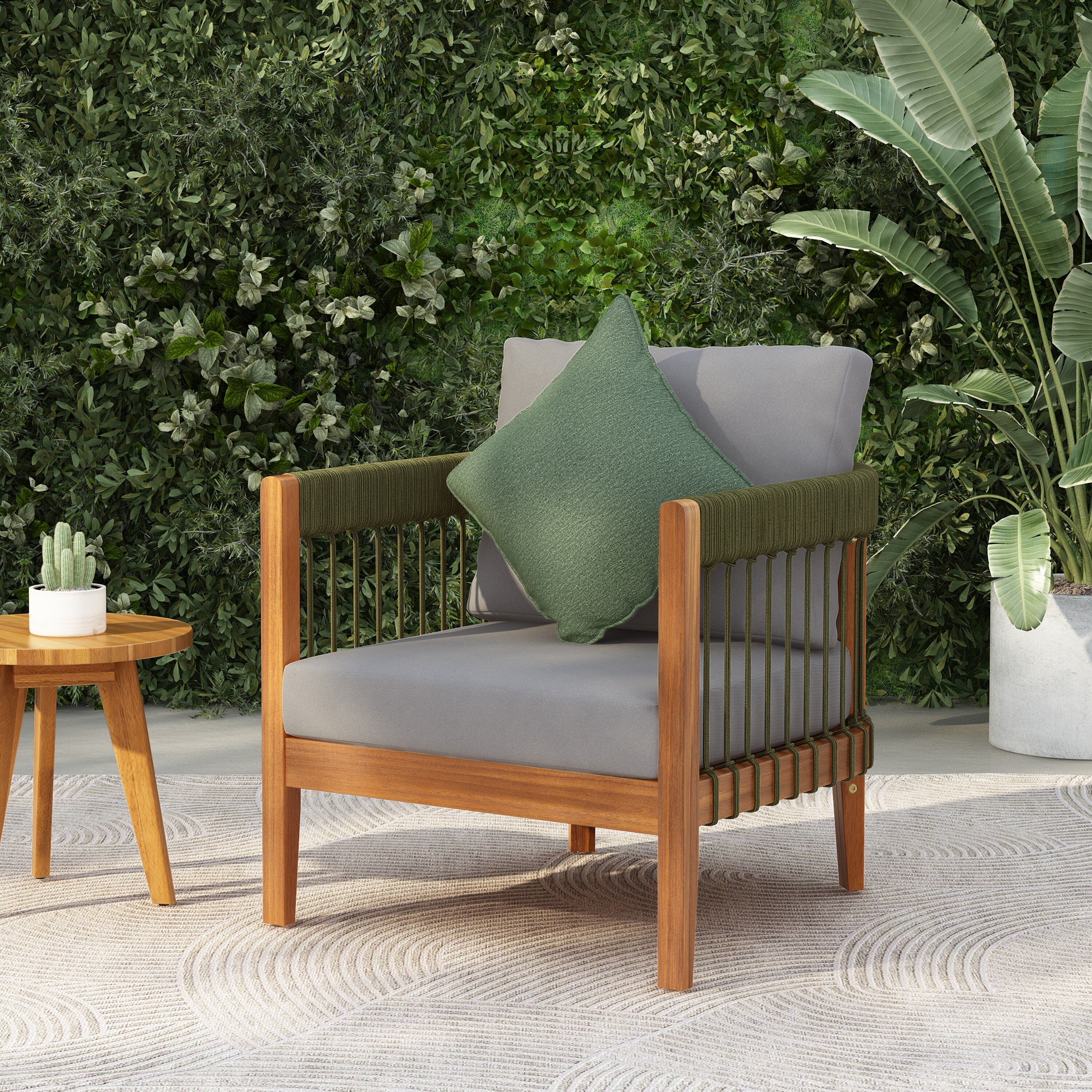 Roomfitters Acacia Wood Outdoor Club Chair with Handwoven Rope Accents, Water-Resistant Cushions