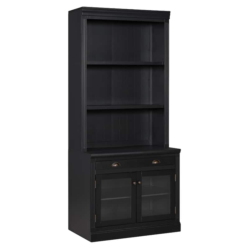 83.4" Modern Bookshelf Suite with LED Lights, Glass Doors, Drawers & Open Shelves, 2-Piece Storage Bookcase Set for Home Office