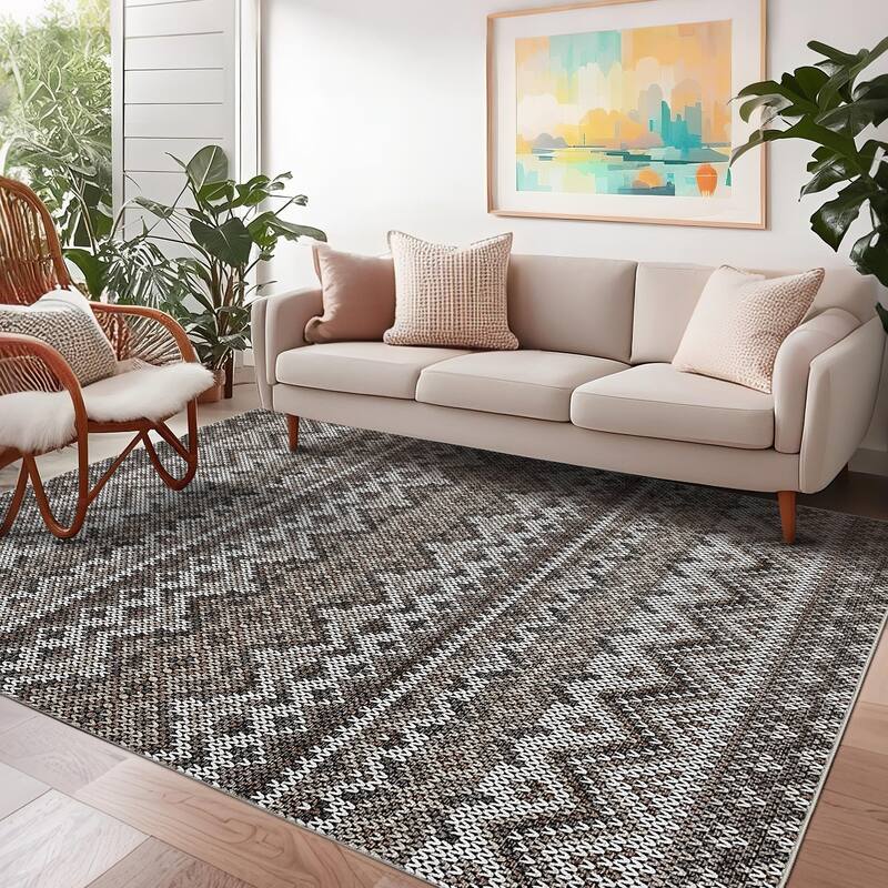 Living Room Rugs Soft Boho Geometric Area Rugs Non-Slip Washable Area Rug for Bedroom Home Office Dining Room - 10'x13' - Brown