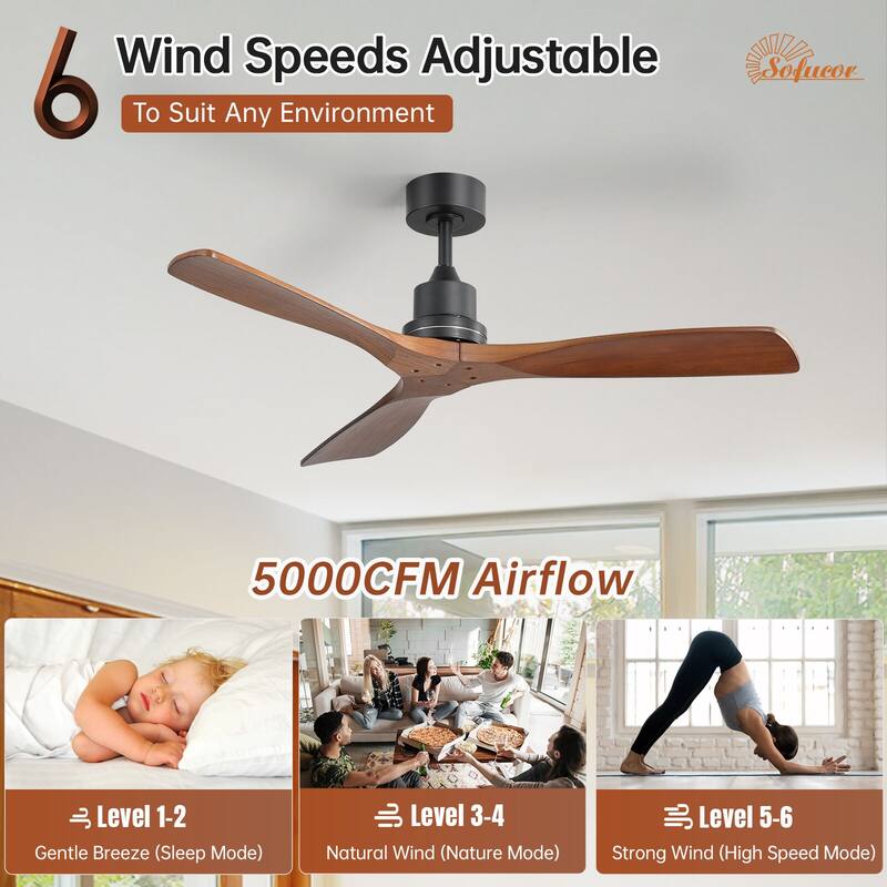 Sofucor 48/52 Inch Ceiling Fan with Light, Solid Wood Blades for Living Room, Bedroom,Smart Optional