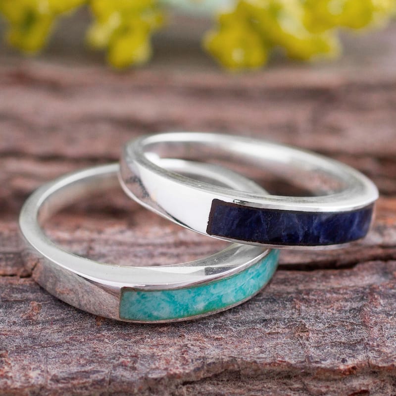Novica Handmade Dual Enchantment Sodalite And Amazonite Band Rings (Pair)