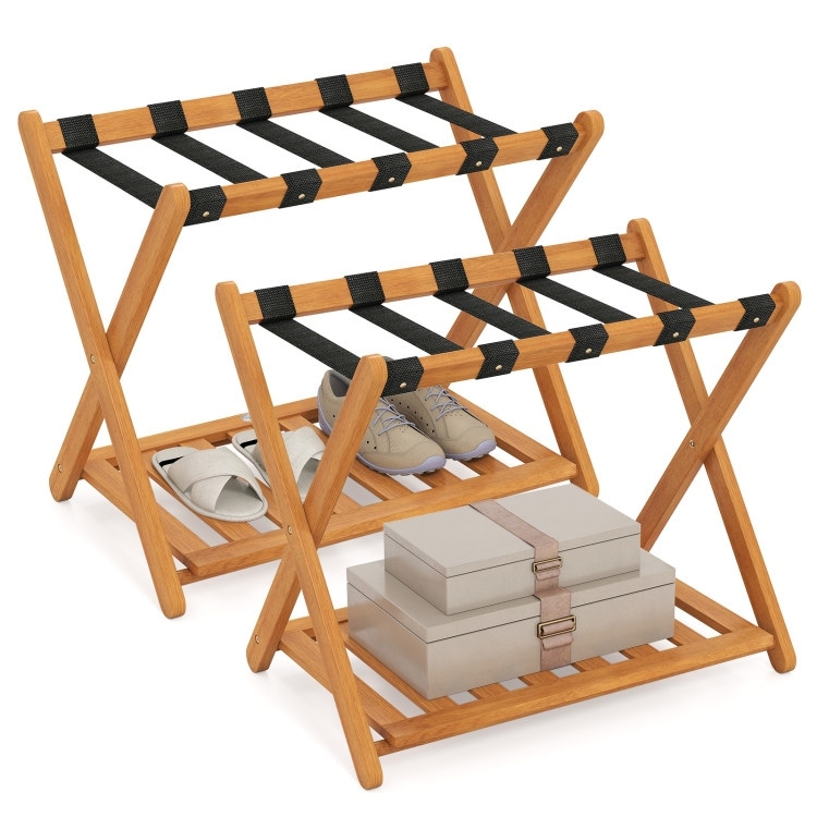 Set of 2 Oak Acacia Wood Folding 2-Tier Luggage Rack with Straps