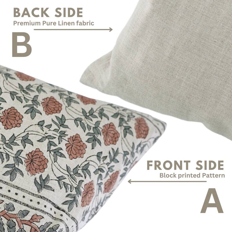 Fabdivine Handmade 22x22 Inch Linen Floral Pillow Cover for Chair, Dining or Bed Brown Soft Block Print Cushioncase, Khoobsurat