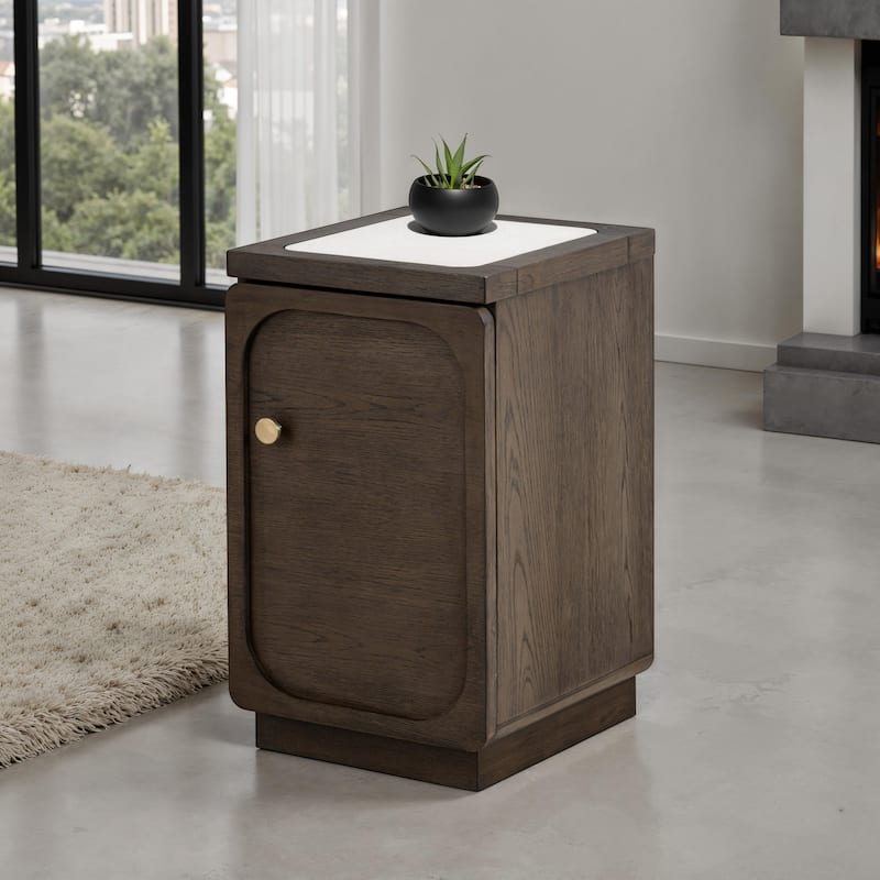 Furniture of America Laria Modern Quartz Stone Top Dark Walnut Side Table with USB Ports - Dark Walnut