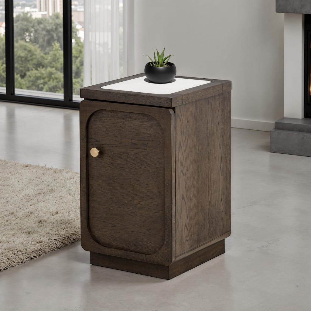 Furniture of America Laria Modern Quartz Stone Top Dark Walnut Side Table with USB Ports