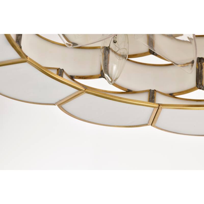 Lighted Ceiling Fan 6-Light Fandelier Brass Trim Opaque Glass Ribbon Weave Shade Remote Control