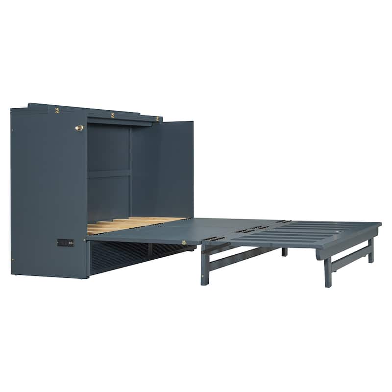 Full Size Murphy Bed with Large Drawer,USB Ports and Outlets,Gray