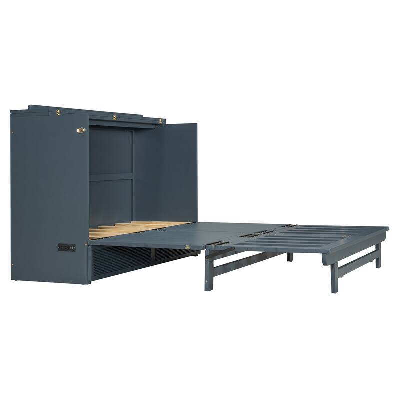 Queen Size Folding Murphy Bed Cabinet with USB Charging Ports, Storage Drawer & Wheels, Space-Saving Convertible Design