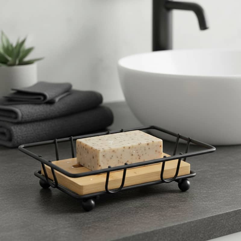 Bathroom Soap Dish Bamboo Tray Metal Wire - 4.14" L x 3.4" W x 1.4" H - Black / Bamboo
