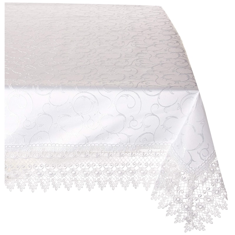 Violet Linen Flower Bow Vintage Lace Pattern Tablecloths - 70" X 216" - White