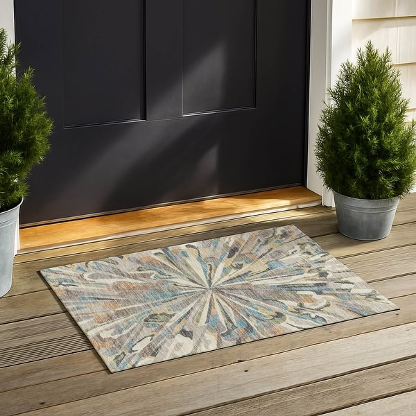 slide 2 of 12, Machine Washable Indoor/ Outdoor Contemporary Arden Chantille Rug Beige - 1'8" x 2'6"