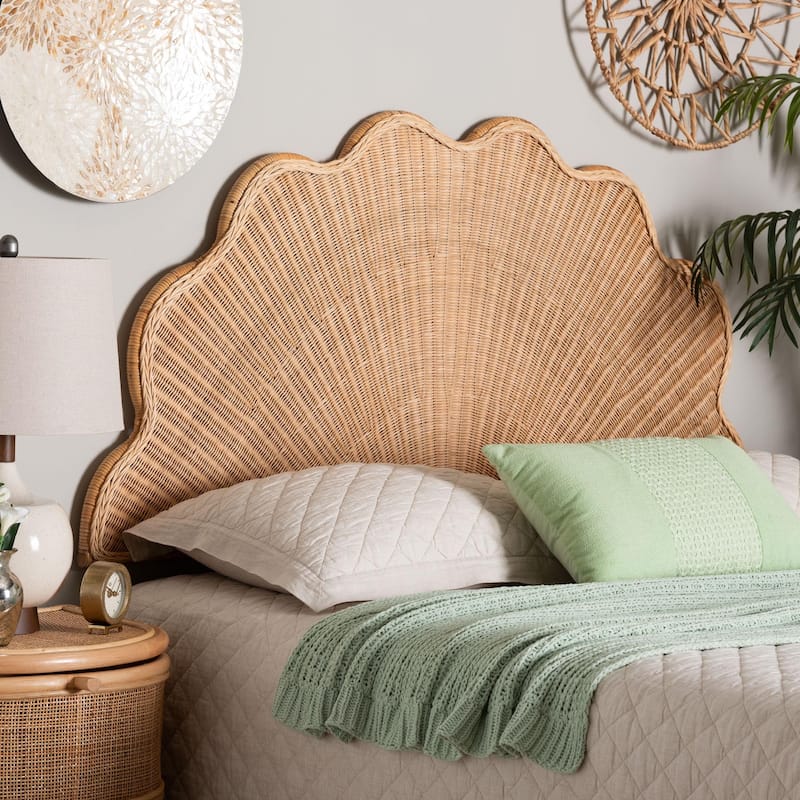Callias Natural Rattan Scalloped Headboard with Sunburst Weave - Coastal Boho Wicker Bed Backdrop for Bedroom Decor, Queen