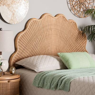 Callias Natural Rattan Scalloped Headboard with Sunburst Weave - Coastal Boho Wicker Bed Backdrop for Bedroom Decor, Queen