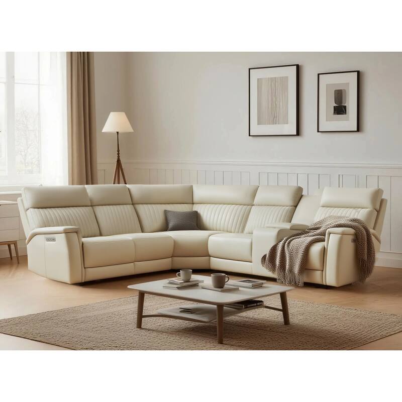 6PCS, 2 power Recliners, Leather Reclining Sectional with Power headrest & lumbar, USB & USB-C Ports - Cream