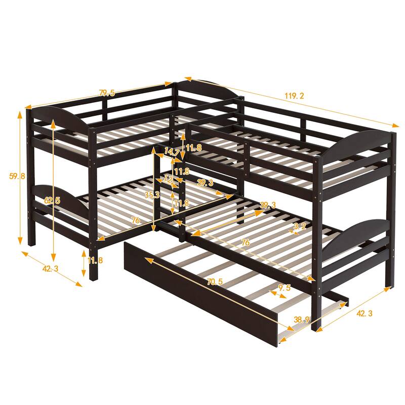 L-shaped Bunk Bed with Trundle for 5, Twin Over Twin Wooden Bed with Safety Guardrails, Space-Saving Design for Kids and Guests