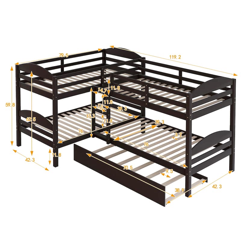 Twin Solid Pine L-Shaped Bunk Bed with Trundle