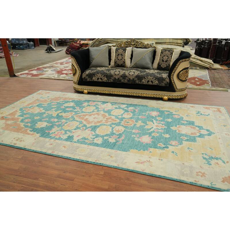 Vegetable Dye Wool Oushak Turkish Area Rug, Floral Geometric Carpet - 12' 10'' X 6' 11''