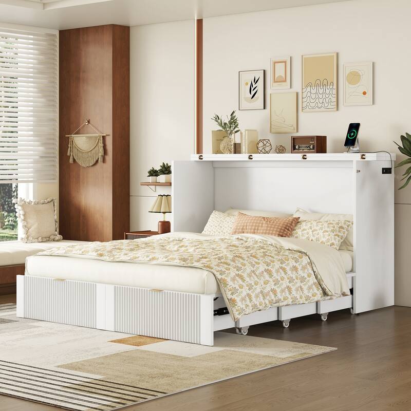 Murphy Bed with Pulley Structure Design,Drawer and USB Ports for Bedroom