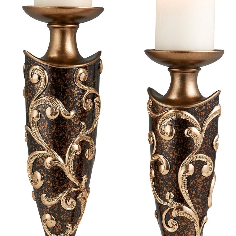 HomeRoots Set Of Two Brown and Gold Pillar Tabletop Pillar Candle