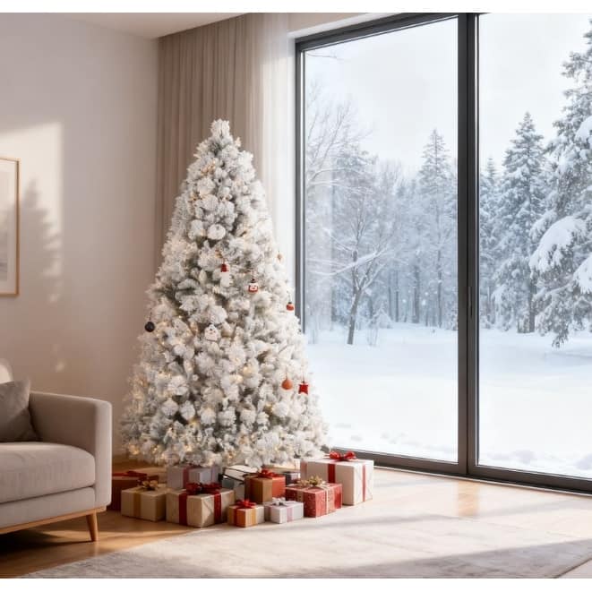 Christmas Tree,Flocked Artificial Christmas Tree with Clear Lights, Tips, Metal Stand for Home - Green