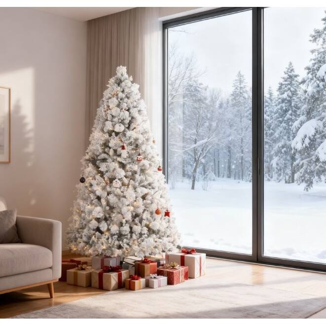 Flocked Artificial Christmas Tree - Clear Lights, Metal Stand, Home Holiday Decor - Green