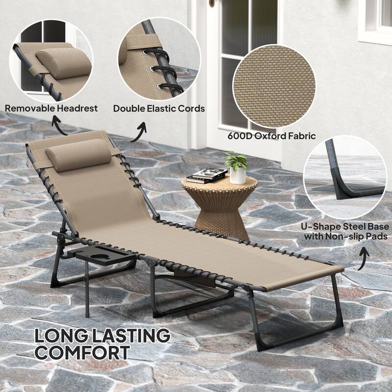 Outsunny Folding Chaise Lounge Chair Outdoor Tanning Chair with Side Table, 5-Level Adjustable Beach Lounge Chair with Headrest