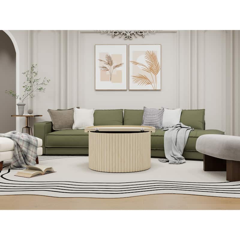 Round Coffee Table with Wood Grain Vertical Stripes, Small Fluted Circle Side Table, Center Table with Adjustable Feet