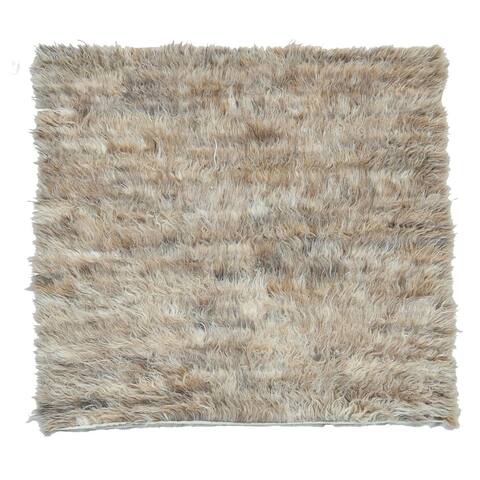 Shahbanu Rugs Beige, Undyed Natural Wool Hand Knotted, Shaggy Moroccan Exotic Texture, Square Oriental Rug (4'0" x 3'8")