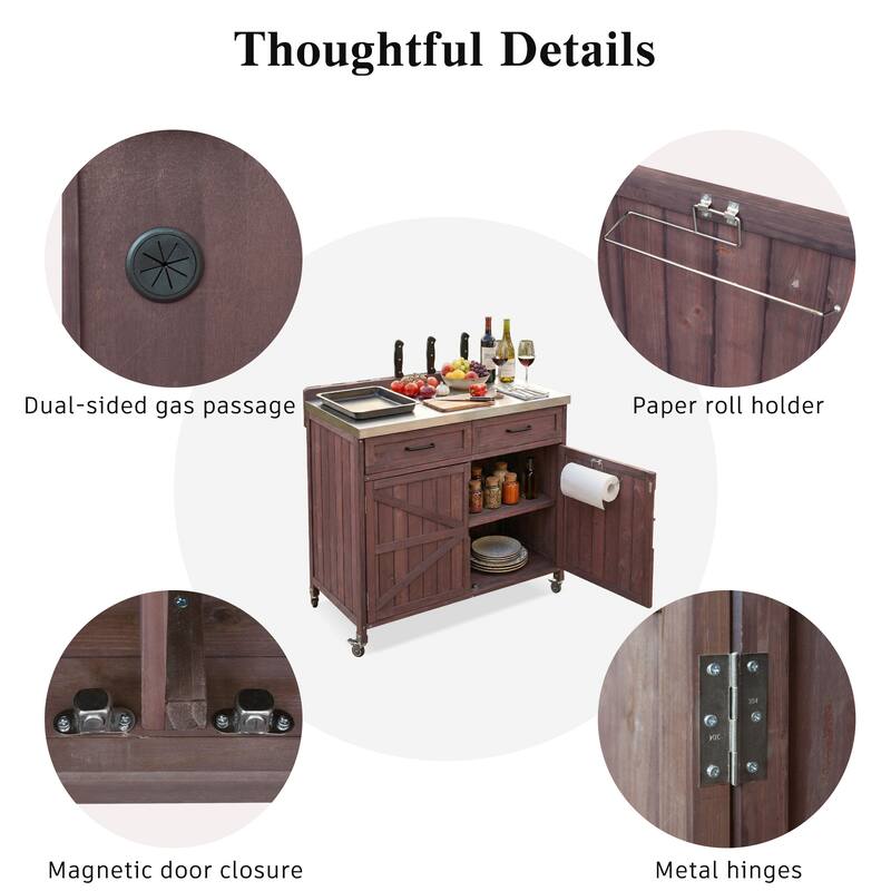 39.4" Outdoor Kitchen Island with Stainless Table Top, One Large Drawer, Adjustable Shelves, Internal Storage Racks & 4 Wheels