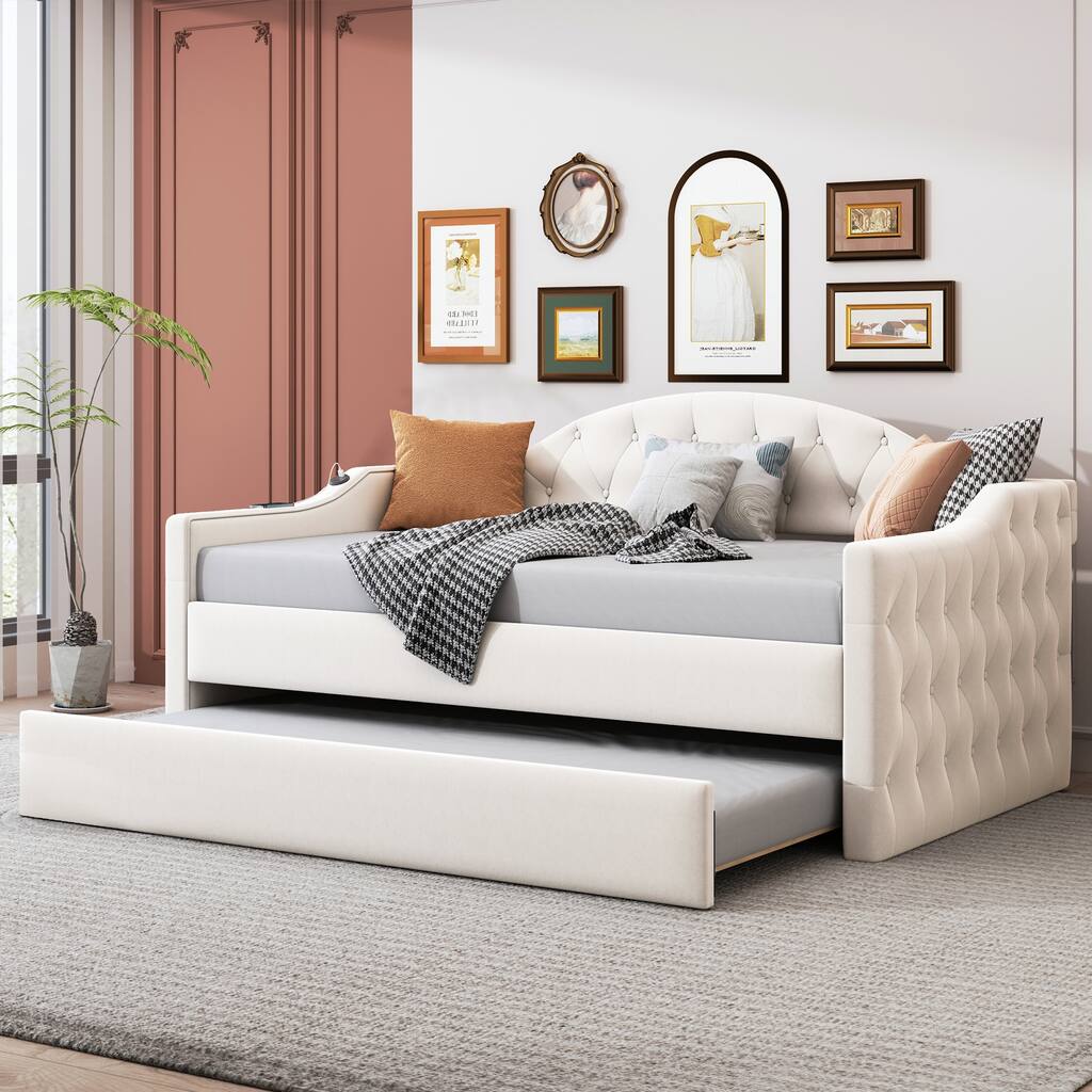 Beige Twin Tufted Velvet Daybed with Trundle & Type-C Charging