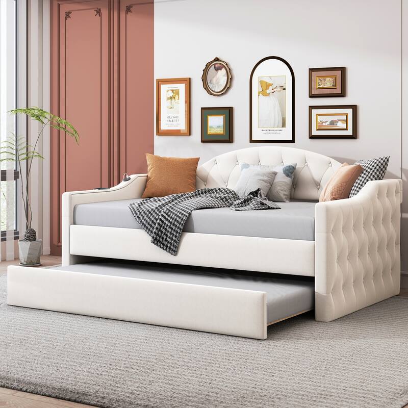 Twin Size Tufted Velvet Daybed with Trundle, USB & Type-C Charging, No Box-Spring Needed - Beige - Twin