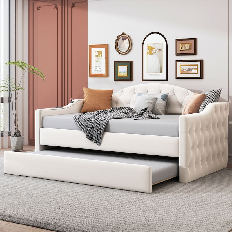 Upholstered Twin Daybed with Trundle and Charging Ports, Velvet Sofabed with USB & Type-C, No Box-Spring Required - Beige - Twin