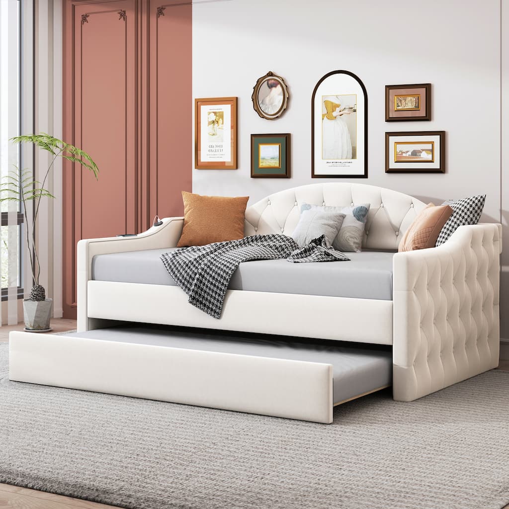 Upholstered Twin Daybed with Trundle and Charging Ports, Velvet Sofabed with USB & Type-C, No Box-Spring Required